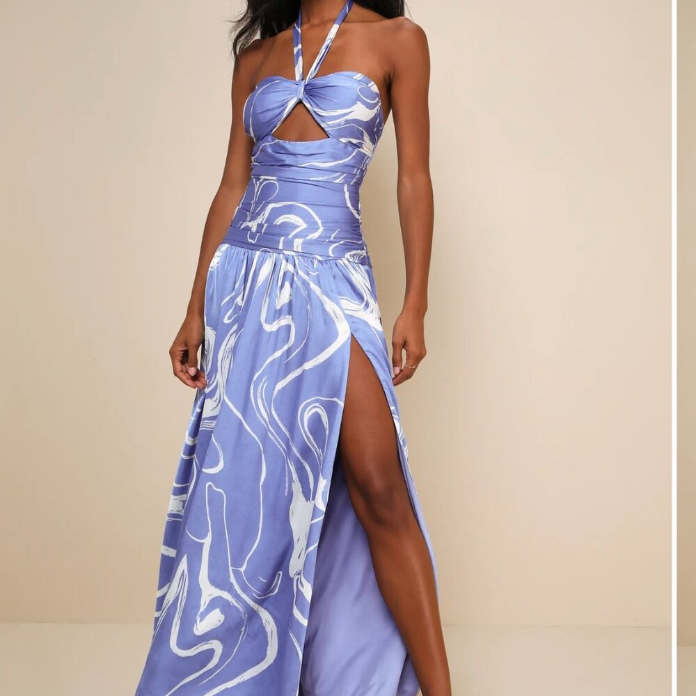 Ultimate Desire Periwinkle Abstract Print Satin Maxi Dress - Picture 3 of 4